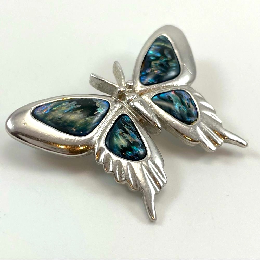 Butterfly Brooch Pin Inlayed Abalone Shell Silver Tone Statement Stunning Cute